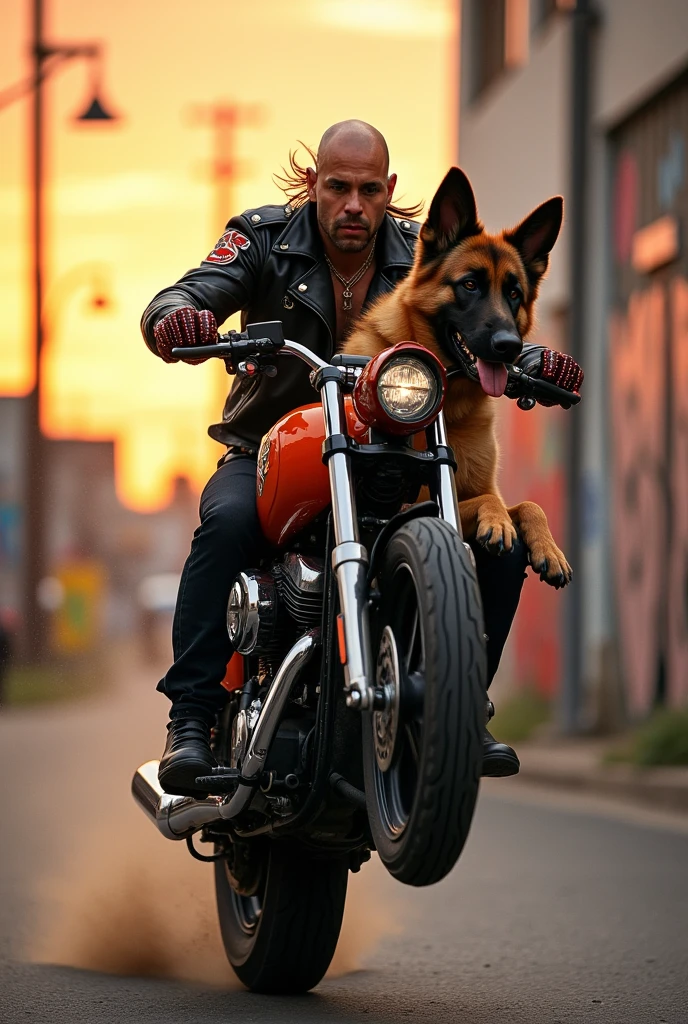Create a bald rocker riding a German Shepherd doing a wheelie on a bike