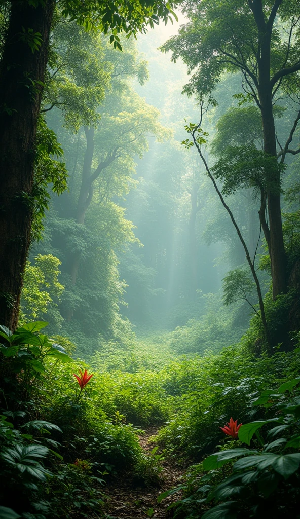 A field of low forest and several trees in the Amazon rainforest