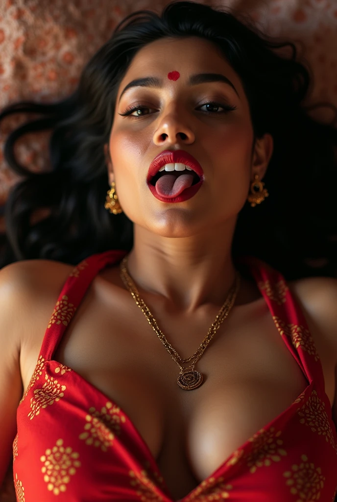 Hyper Realistic, photoreal, mature milf aunty from the kerala , looking at the camera, POV shot, traditional Mallu woman, lying on a maca open mouth with tongue out, luscious red lips, sensuous expressions, (huge boobs), tight blouse