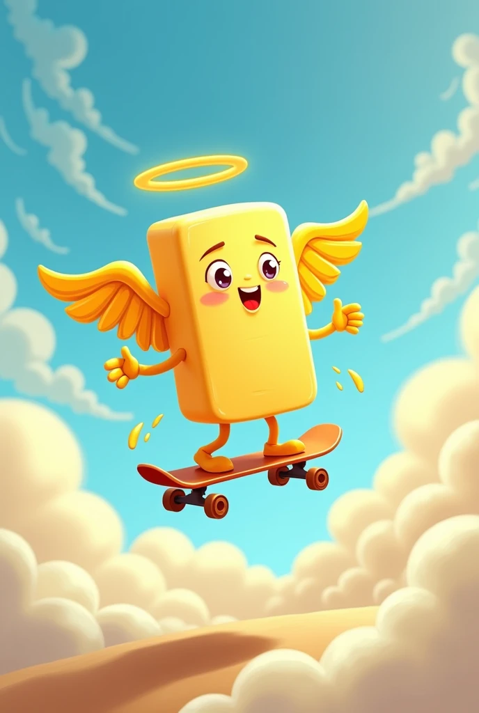 Make a cartoon style art, with the following characteristics: a stick of butter in the package, with arms, flegs, eyeballs, gura. She has golden angel wings. He's jumping with a skateboard.