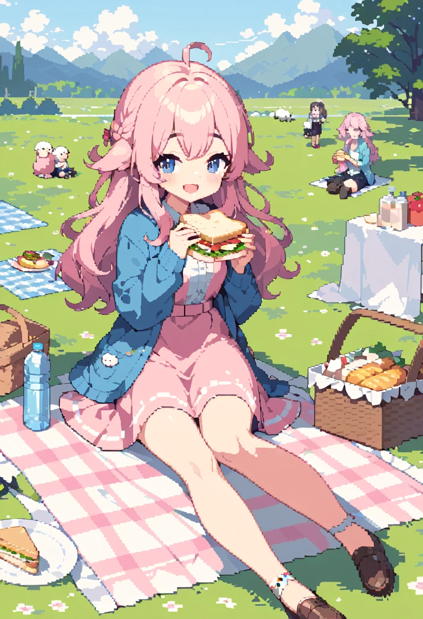 masterpiece, Highest quality, 8k, Beautiful pixel art, Vivid, Sheep, young woman, smile, Open your mouth wide, ((Fluffy hair)), Long Hair, Hair like sheep's hair, Pink Hair, eyebrow, 太いeyebrow大きな目の人形1体，Pink dress, Blue cardigan, Brown shoes, grassland, picnic, Basket with packed lunches, Eating a sandwich, Water bottle, Sitting on a plaid sheet