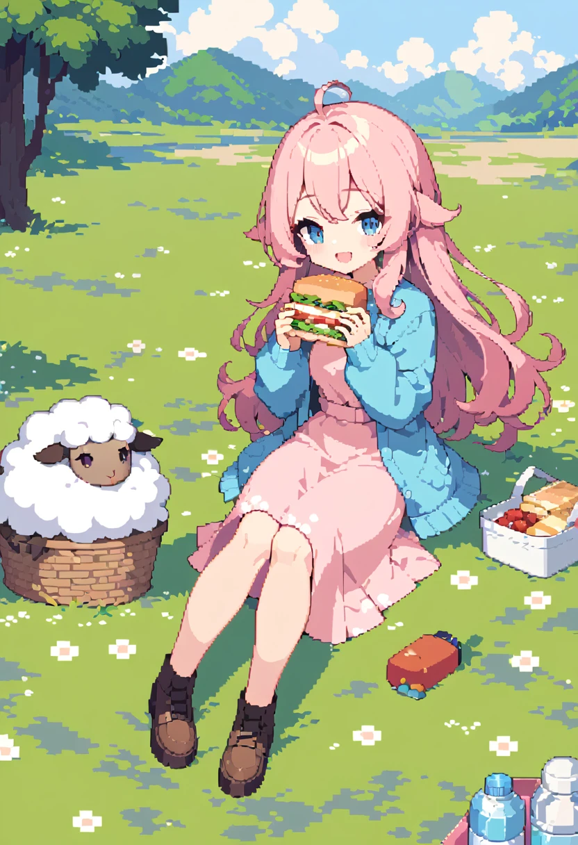 masterpiece, Highest quality, 8k, Beautiful pixel art, Vivid, Sheep, young woman, smile, Open your mouth wide, ((Fluffy hair)), Long Hair, Hair like sheep's hair, Pink Hair, eyebrow, 太いeyebrow大きな目の人形1体，Pink dress, Blue cardigan, Brown shoes, grassland, picnic, Basket with packed lunches, Eating a sandwich, Water bottle, Sitting on a plaid sheet