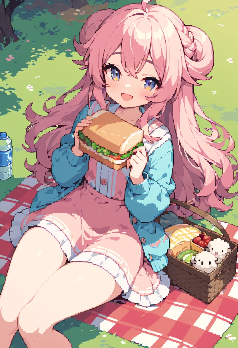 masterpiece, Highest quality, 8k, Beautiful pixel art, Vivid, Sheep, young woman, smile, Open your mouth wide, ((Fluffy hair)), Long Hair, Hair like sheep's hair, Pink Hair, eyebrow, 太いeyebrow大きな目の人形1体，Pink dress, Blue cardigan, Brown shoes, grassland, picnic, Basket with packed lunches, Eating a sandwich, Water bottle, Sitting on a plaid sheet