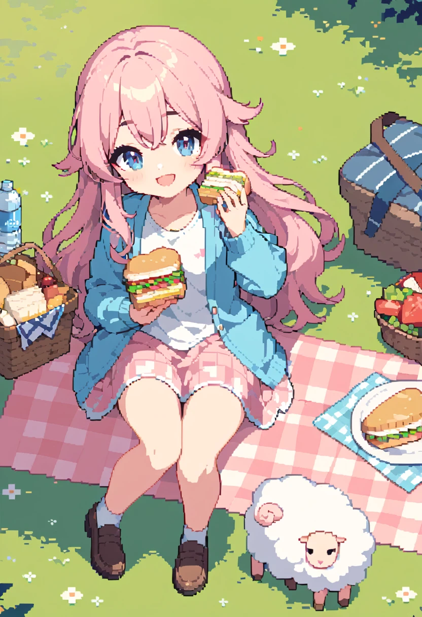 masterpiece, Highest quality, 8k, Beautiful pixel art, Vivid, Sheep, young woman, smile, Open your mouth wide, ((Fluffy hair)), Long Hair, Hair like sheep's hair, Pink Hair, eyebrow, 太いeyebrow大きな目の人形1体，Pink dress, Blue cardigan, Brown shoes, grassland, picnic, Basket with packed lunches, Eating a sandwich, Water bottle, Sitting on a plaid sheet