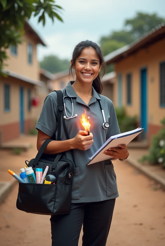 a full-fledged community health nurse dressed with
-Smile as part of the community duty uniform
-Duty Uniform (color gray polo and black pants)
-Black rubber shoes
-Black bag (with stethoscope, bp aparatus, pulse oximeter, alcohol, tape measure, sticker with control number, pen)
-Black watch
-Clipboard and community assessment tool
-Open hands as a symbol of patience and integrity
-Heart with fire as a symbol of passion for community service