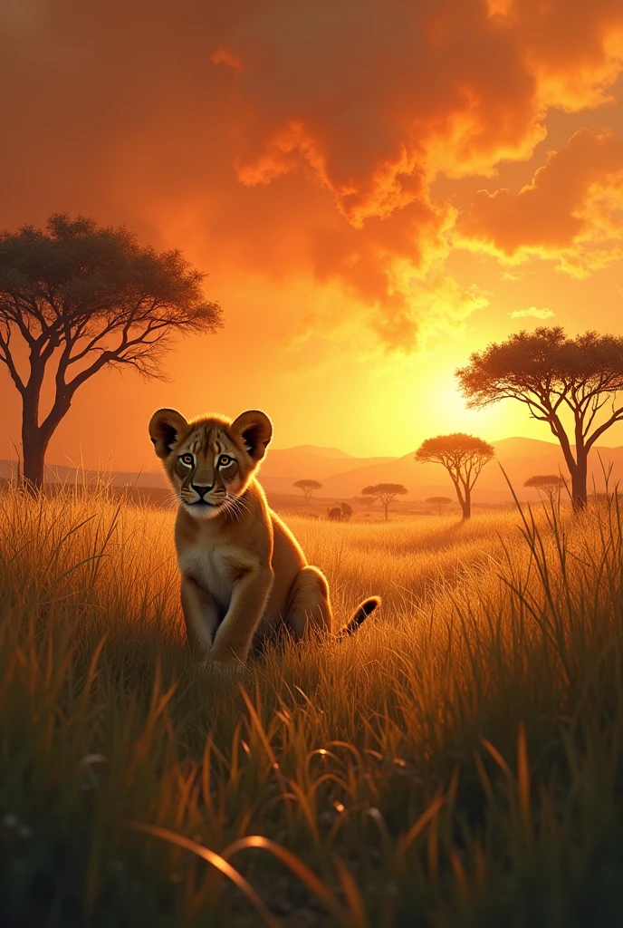 A little lion and a Savannah scared of fire