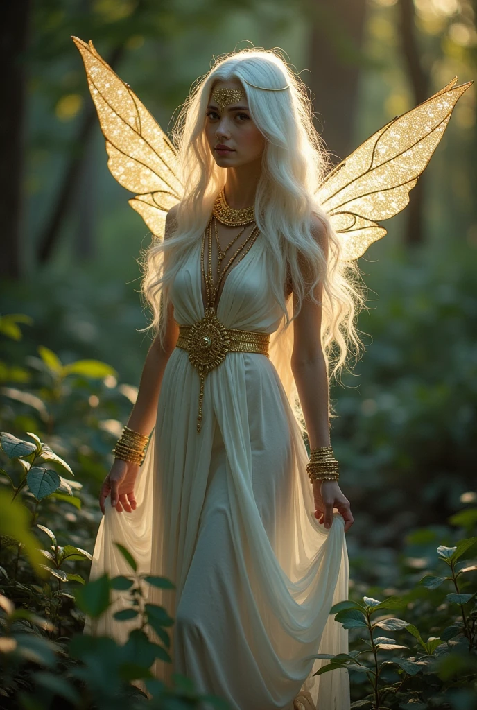 Fairy girl, long white hair, gold facial tribal marks, white tribal clothes, golden jewelry, fairy wings, sparkling wings, (dusk) lush forest.