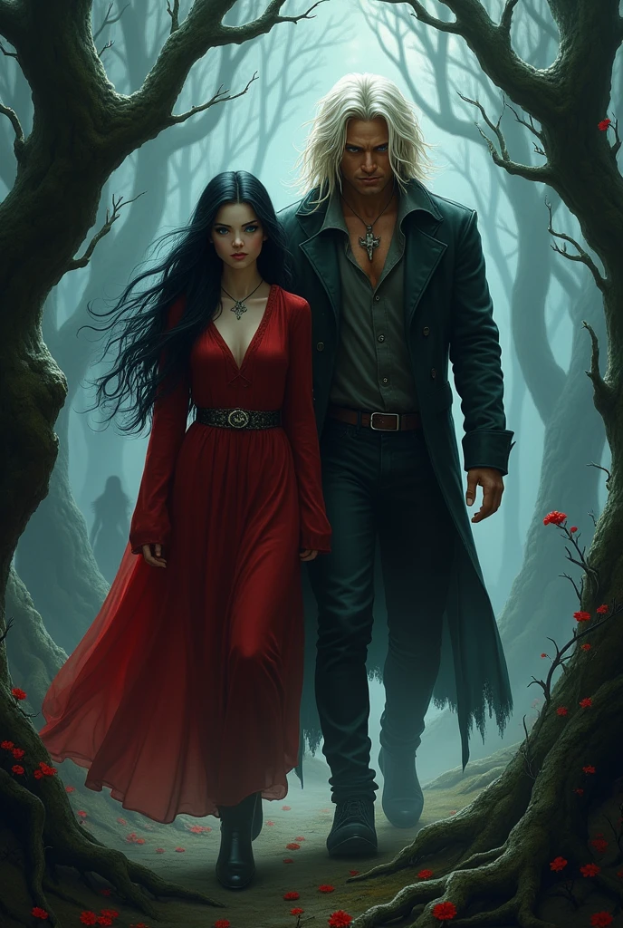 Make a character similar to Little Red Riding Hood, adult. pale, black hair and big blue eyes. Do it with a tall man, suntanned, and with platinum hair. Make it as if it were a Dark fantasy illustration