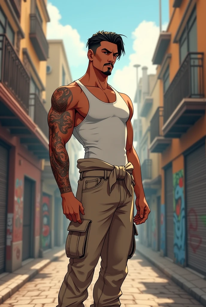 ((Artwork, 8K, 2010 anime style, very detailed)), 1 man of Mexican ethnicity, 21 years old, black hair slicked back, with mustache and goatee, wearing white tanktop shirt, with tattoo on left arm, sweater tied at waist, beige pants with several pockets, red sneakers.