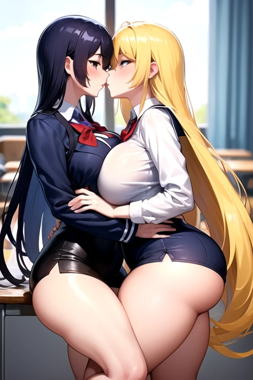 Lesbian (very long loose yellow hair)(big breasts, big thighs)(with school uniform clothes it is very tight) that he is kissing at school with his girlfriend,(big breasts, big thighs)lesbian love