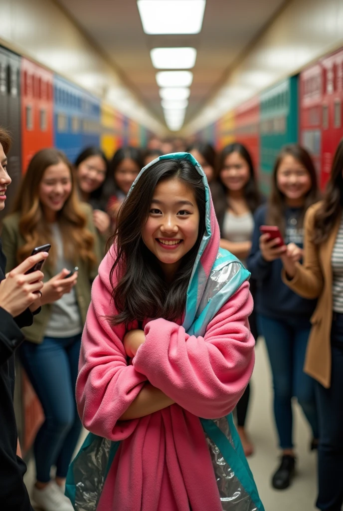 Create a girl named Huynh in high school, wrapped in blanket and duct tape by friends. Wrapped so tightly that it cannot get out, wrap the blanket tightly around the body, only the head is exposed, full body covered with blankets and tape like a worm unable to stand up