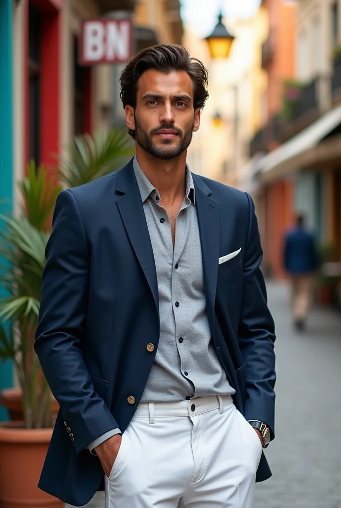 Create an advertisement for a clothing brand and show the brand name, which is B..N that a man appears posing