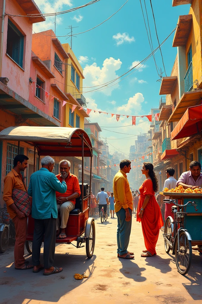 Give me painting composition topic on Indian rickshaw stand gossip using multi perspective in background buildings bottom view
