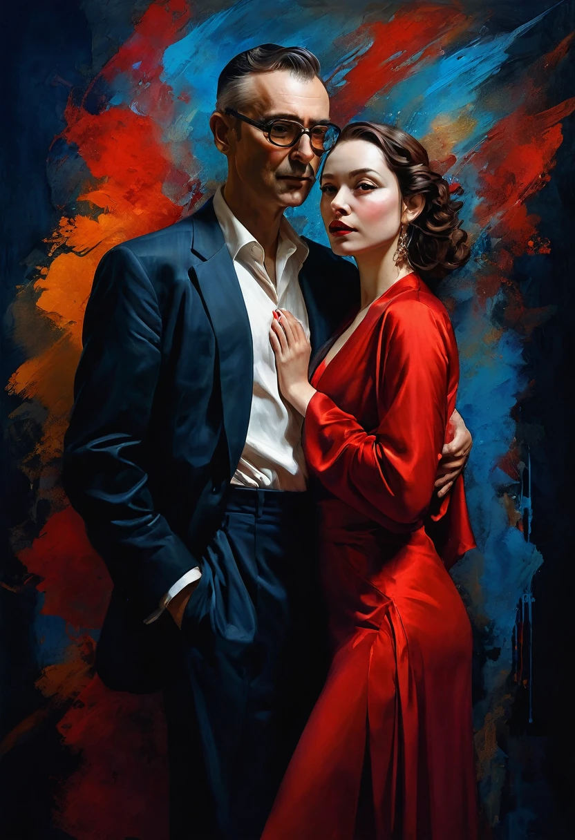 A portrait of a a couple in a tango She has a contemplative expression, with her gaze directed towards the viewer. The woman wears a draped garment with slip on the side in shades of  red , with the fabric flowing   gracefully around her. The background is abstract, with soft, bokeh against a dark backdrop , emphasizing the subjects. Setting: Curiosity, fascination, phosphorescence Artists: Mann, Gammell, Kley, Goldin, Gerome, Quentin Blake, DamienHirst, Hajime Sorayama, Anne Bachelier, Gibson, Rockwell, Seagrave, Alberto Vargas, N.C. Wyeth, beksinski, Parrish Style: American Realism Color Palette: warm Vibrant, Parrish blue Techniques: impasto Details: idyllic, innocence, fractalize, conceptual art, portrait photography, graffiti, vibrant, poster, cinematic, 3d render, illustration, photo, painting