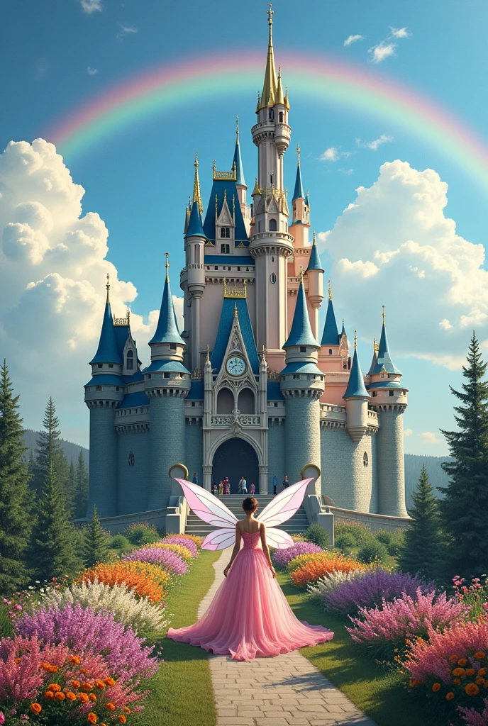 There is a castle in the middle of alaska,big bright beautifully decorated castle, the sky is clear filled with whote clouds and a rainbow, there are little fairy's who are flying,outside the castle there are a garder on flowers between the garden there are a flower road leads to the castle,on the main door a very big beautiful fairy is standing wearing a light pink with make up on,focus on the castle