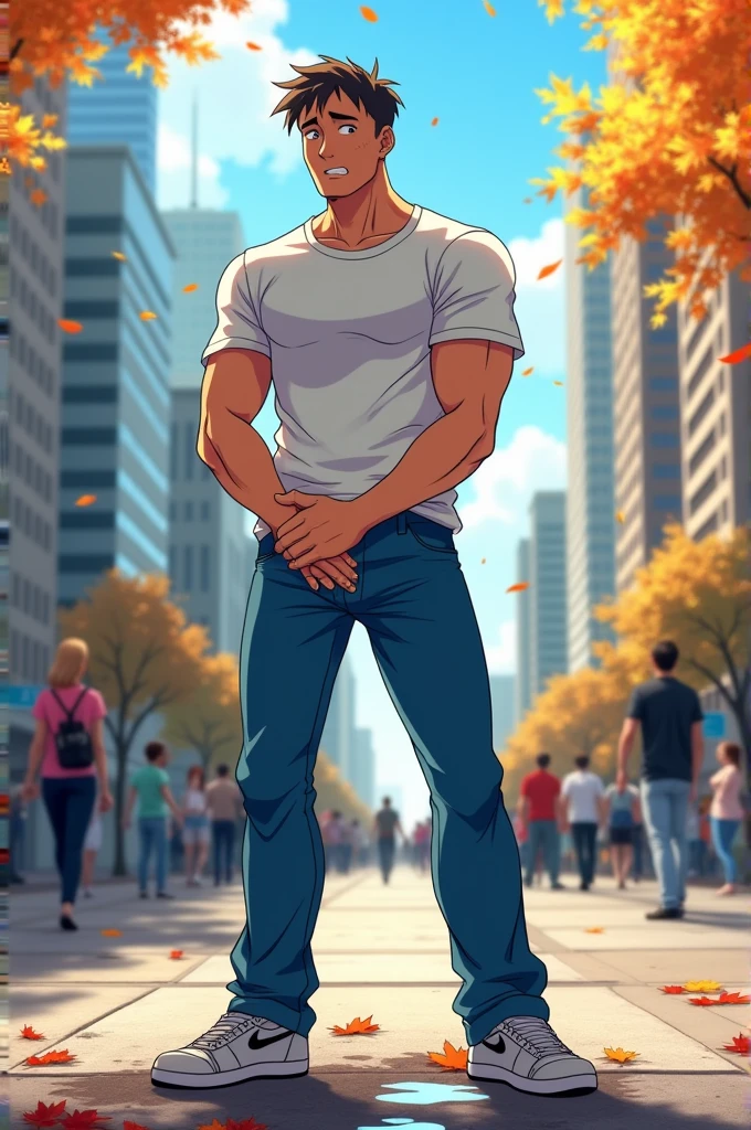 In the morning city, a slender amd mascular young man in his blue pants is pissing himself, there's a pee stain on his pants. He couldn't hold his pee. He is holding his crotch to stop peeing but his pee is leaking out from his pants, and it is making a pee puddle at his feet. white t-shirt, his blue pants gets wet because of his pee. He looks embarrassed. Anime.