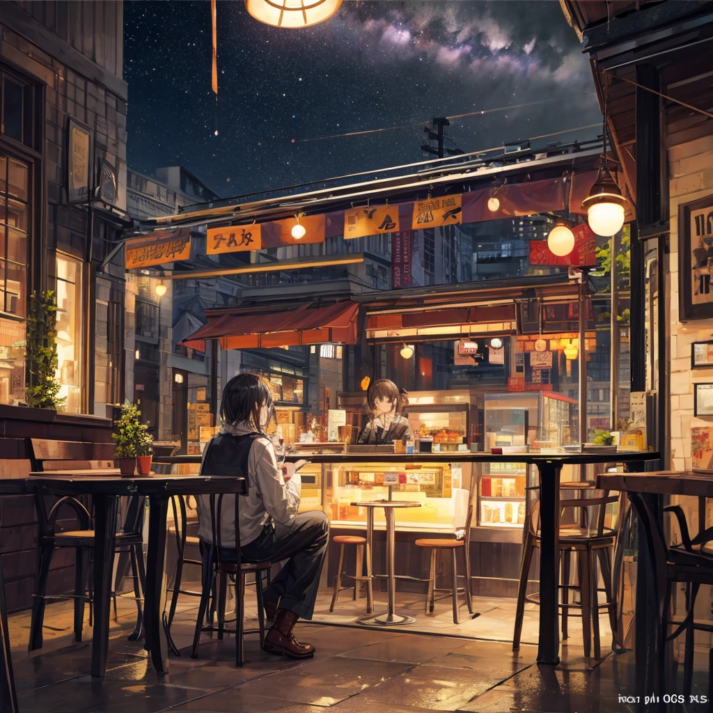 ((Highest quality)), ((masterpiece)), (detailed), Night Cafe, warm