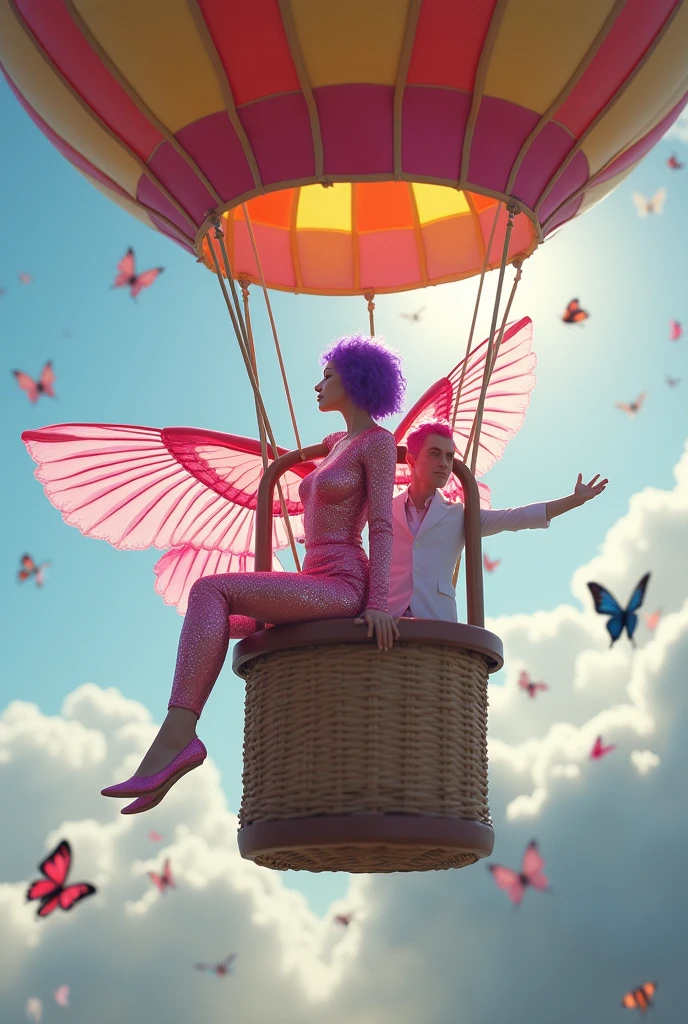 Korean purple hair butterfly woman with headphone and bright pink shiny outfit and pink shiny wings and white man with pink hair in formal wear with butterflies and in hot air balloon in sky  