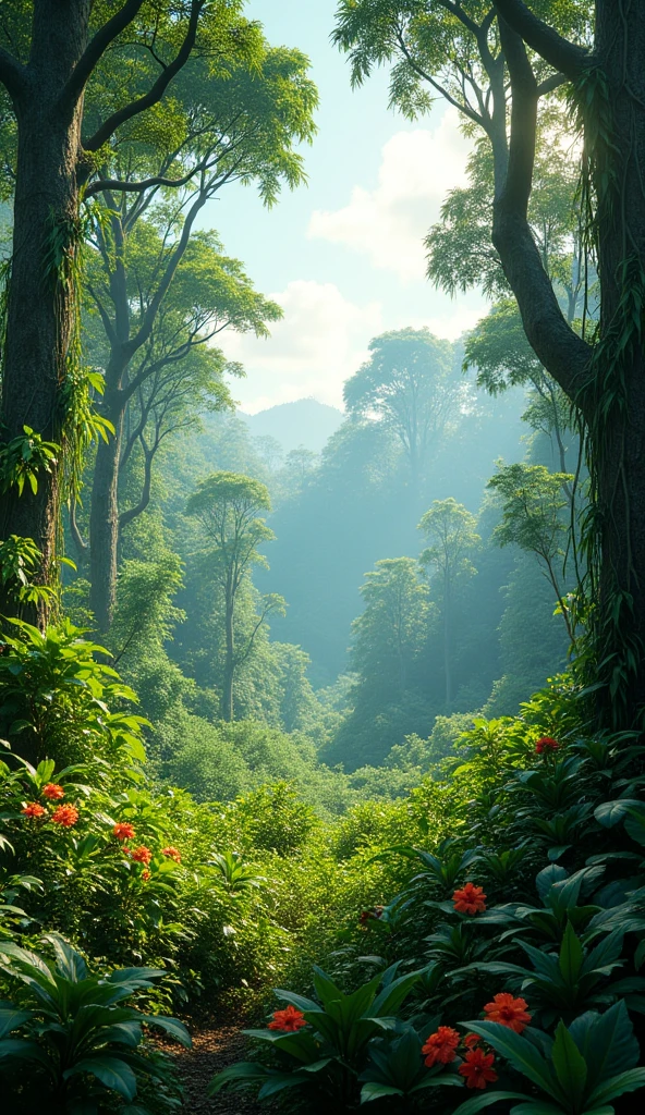 A field of low forest and several trees in the Amazon rainforest 3D