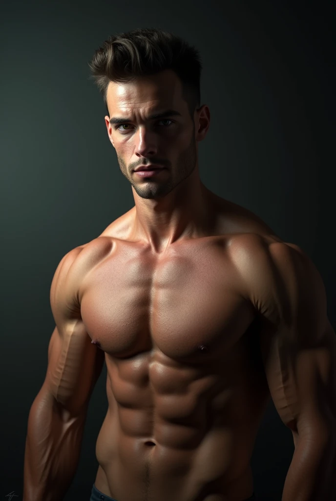 muscular sexy man, full body, extremely detailed face and body, perfect facial features, piercing eyes, chiseled jawline, detailed muscles, shirtless, strong pose, dynamic lighting, dramatic shadows, cinematic lighting, hyper realistic, 8k, photorealistic, unreal engine, concept art, dramatic colors, moody lighting