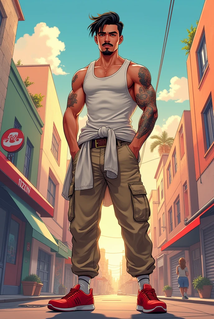 ((Artwork, 8K, 2010 anime style, very detailed)), 1 man of Mexican ethnicity, 21 years old, black hair slicked back, with mustache and goatee, wearing white tanktop shirt, with tattoo on left arm, sweater tied at waist, beige pants with several pockets, red sneakers.