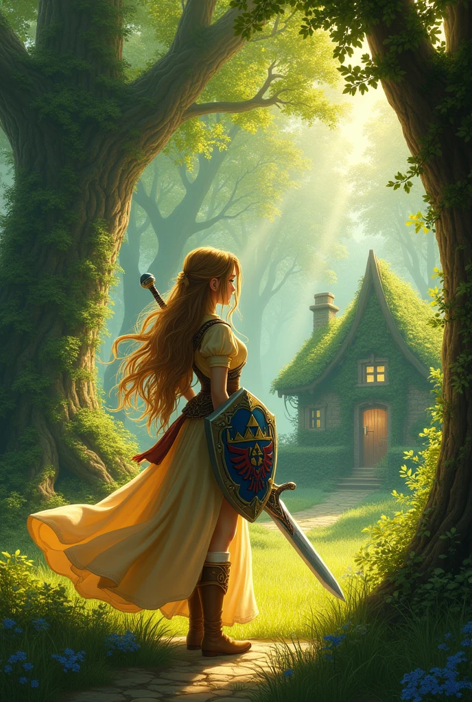 O zelda, using a sword and a shield,in a forest scenario, watching a house