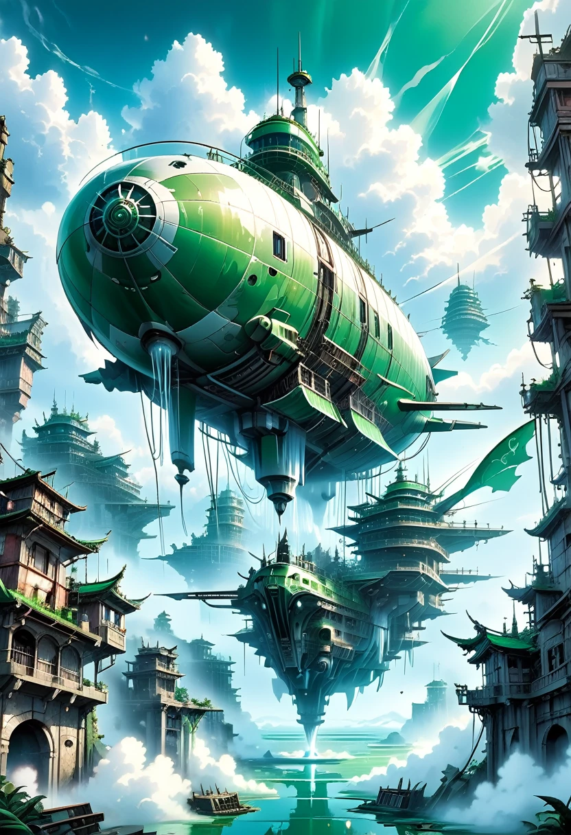 Future Sky City,ruins,sea of clouds,Airship,The world of Soratorobo,water is gushing out,The green is encroaching,Android,(See-through),