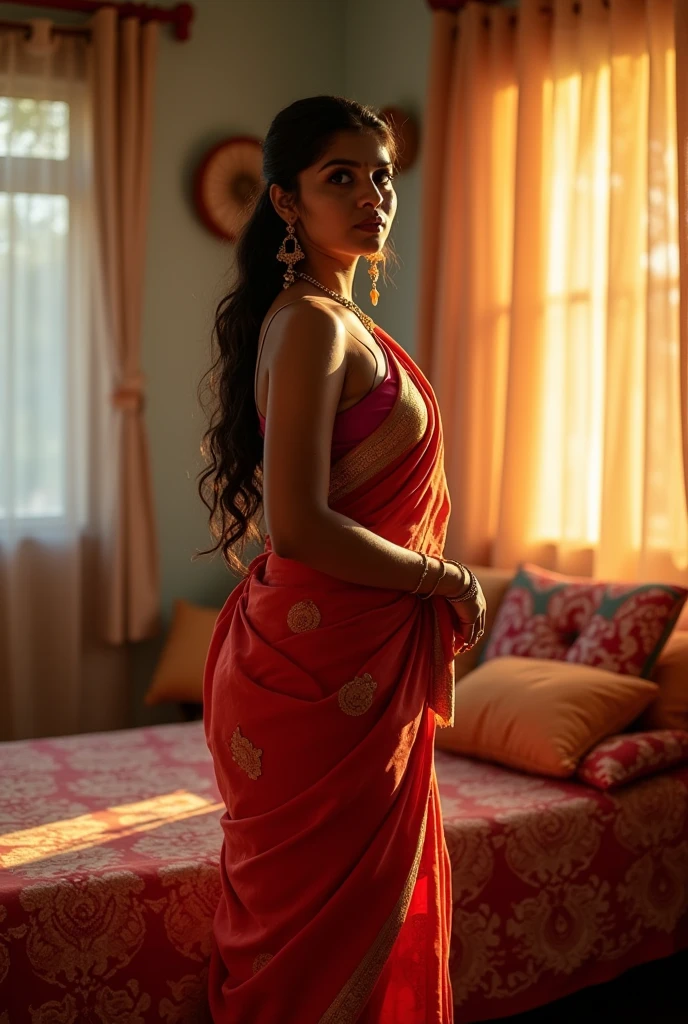 A cute 20 years old indian girl photoshoot in room , model pose , rough dry face skin , sexy and hot , indian dress saree , full body view