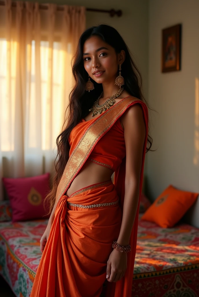 A cute 20 years old indian girl photoshoot in room , model pose , rough dry face skin , sexy and hot , indian dress saree , full body view 