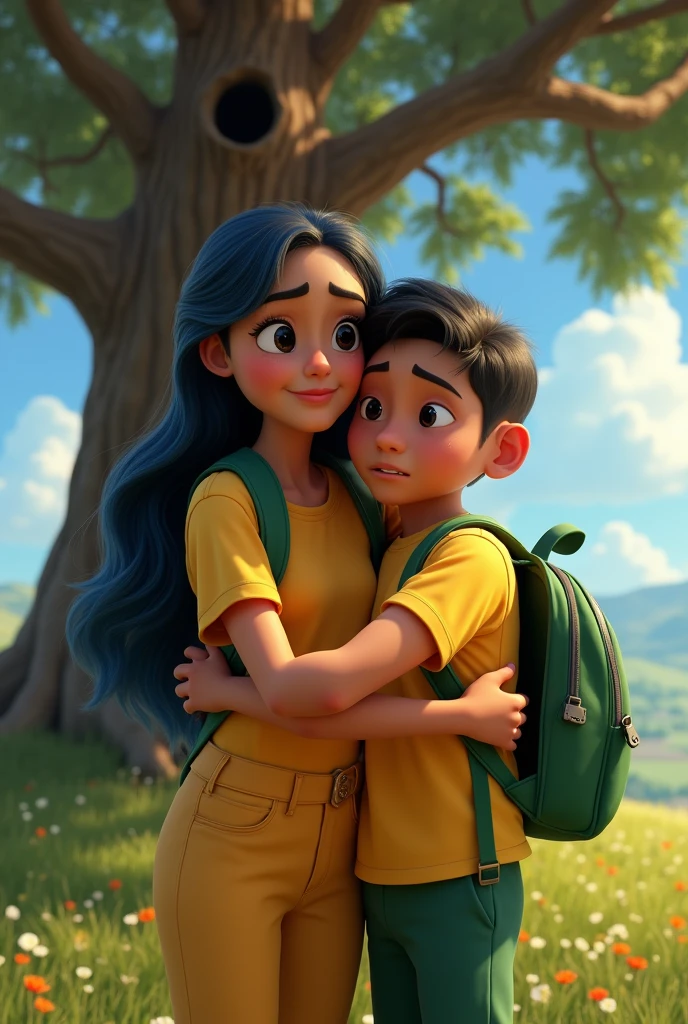 SIDE VIEW CAMERA OF ((masterpiece, best quality)), award winning, 4k, 8k, 3d pixar animation character, visible face, SIDE VIEW, a SIDE VIEW CAMERA OF ((masterpiece, best quality)), award winning, 4k, 8k, 3d pixar animation character, visible face, SIDE VIEW, a 25 YEAR OLD woman NAMED BRISA, portrait, beautiful, cute, yellow shirt, yellow pants, light long blue apron, pink sneakers, long plaid blue hair, light tan skin, brown eyes, ((Perfect Hands)), UHD, 8K, her pose is HUGGING A 14 YEAR OLD LATIN BOY wearing yellow long sleeves shirt, green pants and a green backpack WHO IS CRYING, BRISA IS CRYING ALSO WHILE SHE CONFORTS THE BOY WITH HIS GRIEF, BACKGROUND IS: ((masterpiece, best quality)),3d illustration of countryside el salvador, a big, tall and wide amate tree behind with a big hole in its trunk)