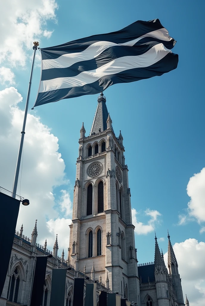  A huge black and white striped flag is flying on the huge tower
