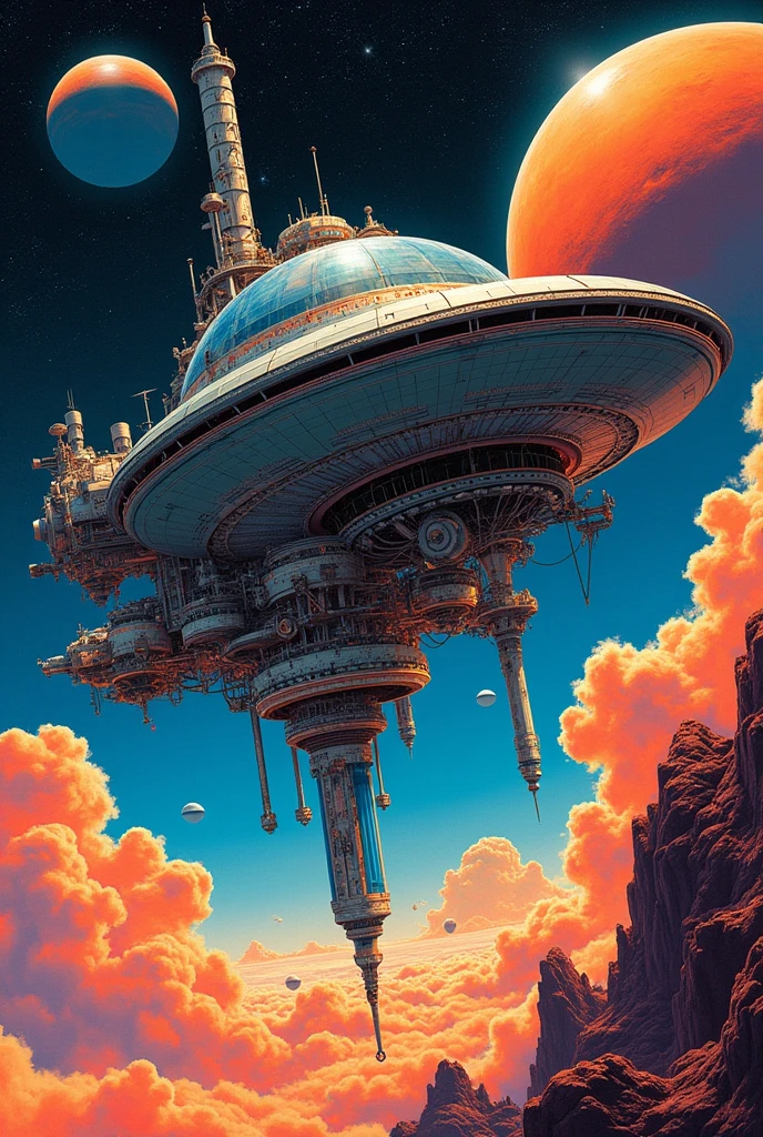 a close up of a poster of a space station with a satellite, gyroscope, in peter elson color scheme, early 90s cg, 1992 video game concept art, flying machinery, mechanical sci fi, concept art of chris foss, space elevator, mechanical morph engine, of a ufo propulsion system, vitruvian mecha
