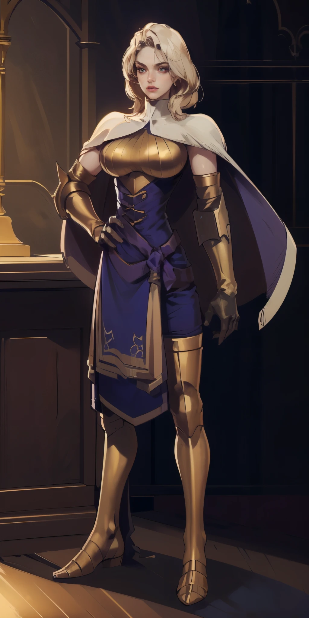 masterpiece, best quality, high quality, pale hair, red eyes, purple skin, deep blue cape with golden ornaments (1solofemale full body standing straight symmetrical, hands on hips)