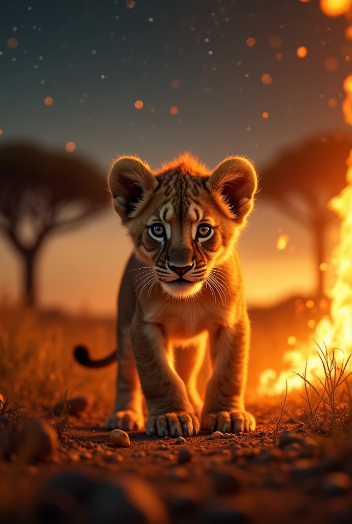 A scared little lion with fire around him