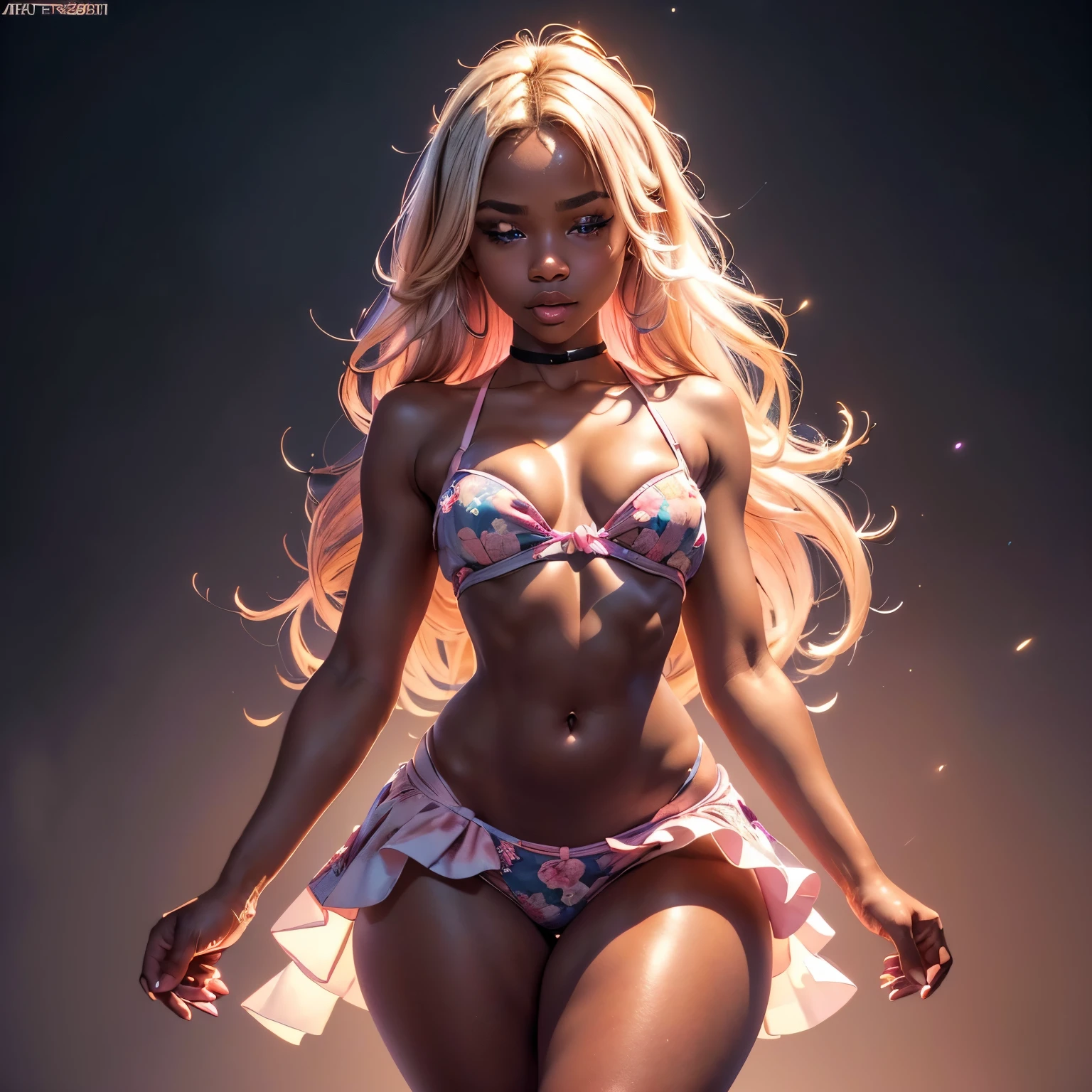 dark skin girl, blue eyes, blond hair, night time, (totally realistic), (very hot), (cleavage), (breasts), (very wide hips), (so sweet), temptation), (very round ass), ((no belly)), ((flat belly)), ((ultra thin waist)), (white pleated skirt), wide shot, (pink floral bra 1.1), (tone abs:1.0), (shoulders back:1.1), (looking at me:1.5) (Masterpiece, Professional lighting, 16k, 8k wallpaper, raw photo, photorealistic:1.8, ultra detailed, natural lighting, detailed skin sexy pose, open mouth, big lips, view from above, night time, eyes closed, pink light, steam, pink foam "good girl", neon light, huge thick thighs