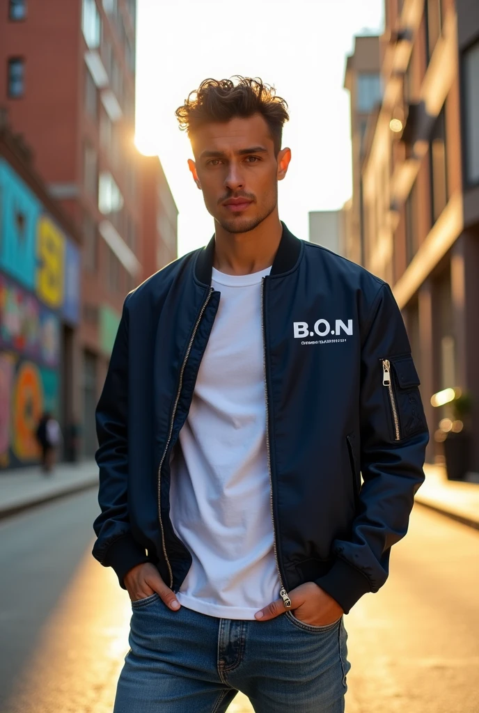 Create an advertisement for a clothing brand and show the brand name, which is B..N that a man appears 