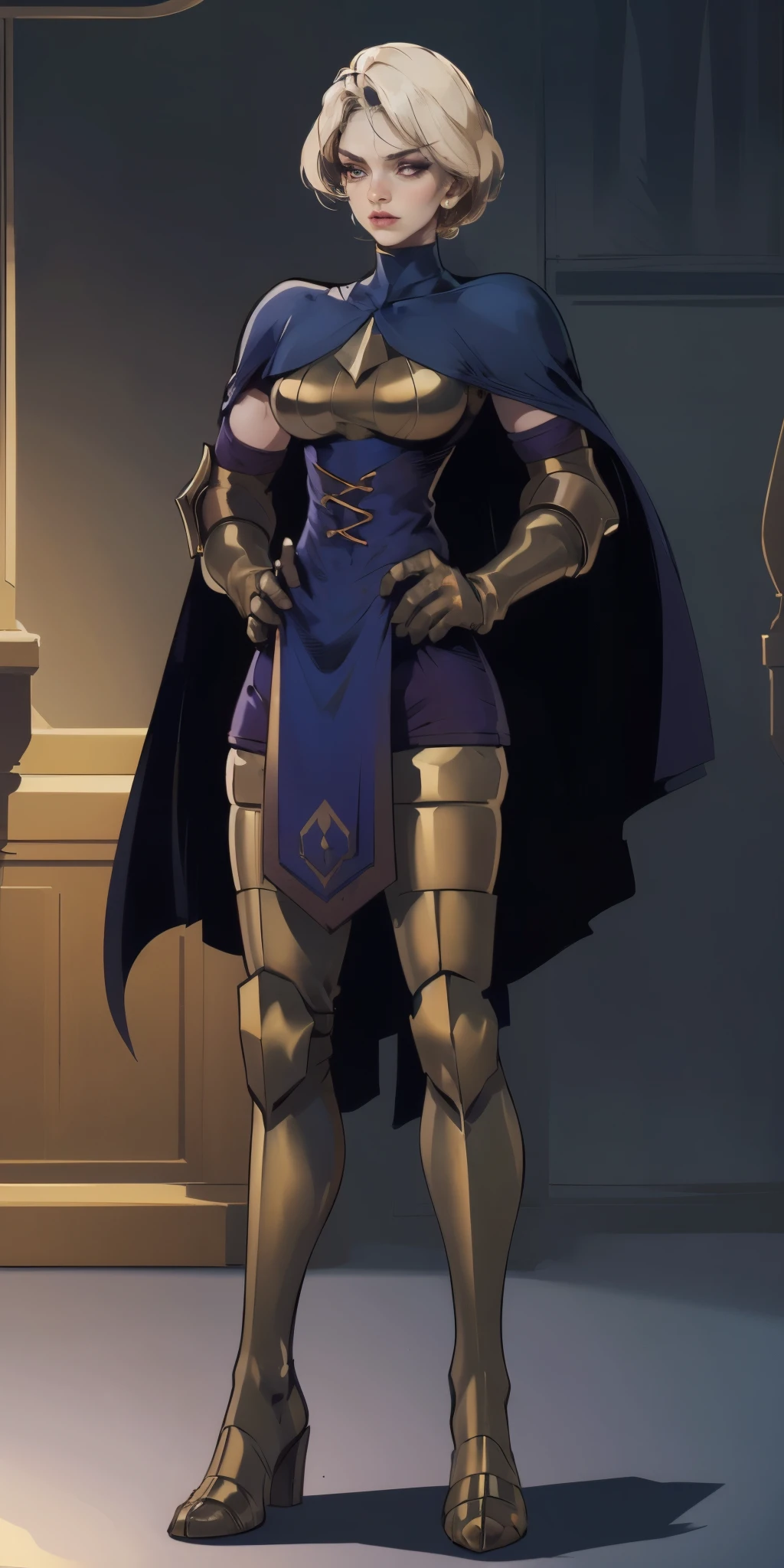 masterpiece, best quality, high quality, pale hair, red eyes, purple skin, deep blue cape with golden ornaments (1solofemale full body standing straight symmetrical, hands on hips)