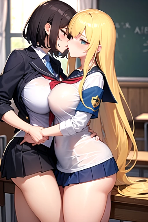 Lesbian (very long loose yellow hair)(big breasts, big thighs)(with school uniform clothes it is very tight) that he is kissing at school with his girlfriend,(big breasts, big thighs)lesbian love
