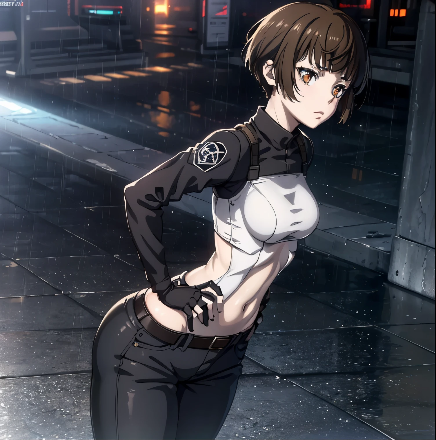 ((1girl)),((alone)),tsunemori akane, (psycho pass),(masterpiece), (best quality), (ultra detailed), (best illustration), (best shadow), (absurdities), focus sharp, cowboy shot, atmospheric perspective, depth of field, dynamic posture looking at viewer, medium breasts, narrow waist, wide hips, wide thighs, round butt, erotic, romantic, (highly detailed eyes, 1.1 lips), highly detailed eyes , eyes, Very detailed face, Very beautiful face, Symmetrical face, Aesthetic face, perfect face, perfect eyes, detailed eyelashes: 1.5), full height, beautiful slim figure, femininity, expressive appearance, elastic medium breasts, sexuality, half-open lips, brown hair, short hair, brown eyes, white skin, police clothing, bulletproof vest, black vest, fingerless gloves, black gloves, blue pants, jeans, belt, combat boots, white shirt, long sleeves, written clothing , hand on hip, curves, defined body, Perfect and beautiful body, perfect and beautiful, closed mouth, serious expression, neutral grimace, (sexy pose: 1.2), ((only)), standing: 1.3, ((outside, cybeppunk landscape, cityscape, futuristic streets, futuristic city, light reflection, clouds, rainy, night, city lights)), looking back, from behind, ((focus on butt)), point of view :( from middle), perfect anatomy, perfect hands