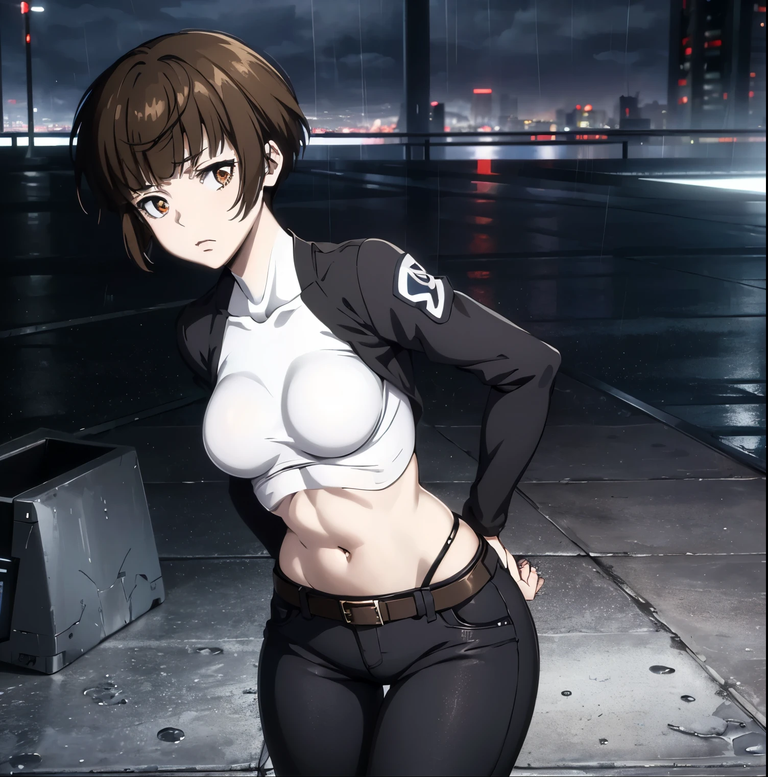 ((1girl)),((alone)),tsunemori akane, (psycho pass),(masterpiece), (best quality), (ultra detailed), (best illustration), (best shadow), (absurdities), focus sharp, cowboy shot, atmospheric perspective, depth of field, dynamic posture looking at viewer, medium breasts, narrow waist, wide hips, wide thighs, round butt, erotic, romantic, (highly detailed eyes, 1.1 lips), highly detailed eyes , eyes, Very detailed face, Very beautiful face, Symmetrical face, Aesthetic face, perfect face, perfect eyes, detailed eyelashes: 1.5), full height, beautiful slim figure, femininity, expressive appearance, elastic medium breasts, sexuality, half-open lips, brown hair, short hair, brown eyes, white skin, police clothing, bulletproof vest, black vest, fingerless gloves, black gloves, blue pants, jeans, belt, combat boots, white shirt, long sleeves, written clothing , hand on hip, curves, defined body, Perfect and beautiful body, perfect and beautiful, closed mouth, serious expression, neutral grimace, (sexy pose: 1.2), ((only)), standing: 1.3, ((outside, cybeppunk landscape, cityscape, futuristic streets, futuristic city, light reflection, clouds, rainy, night, city lights)), looking back, from behind, ((focus on butt)), point of view :( from middle), perfect anatomy, perfect hands