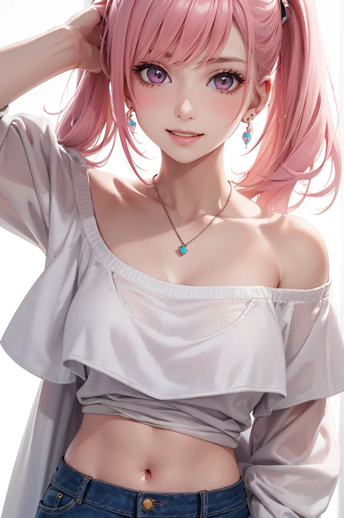 Best Quality,High resolution,8k,(plain white background, no patterns, no textures, just a plain white background:1.3),Masterpiece:1.2),beautiful girl,Shiny pink hair,messy hair,Pink eyes,off shoulder, paired with pre-ripped jeans, colorful cotton fabric with a subtle pattern, casual sneakers with a pop of color, Accessories include a playful pendant necklace and colorful stud earrings,Gentle look,A refreshing look,smile,Best quality,Best Quality,Aesthetic and aesthetic:1.2,Best details((Super detailed))(High-definition CG illustrations),Slender body,smile,blush,cute,Scrounge,Looking up,Being spoiled,super model