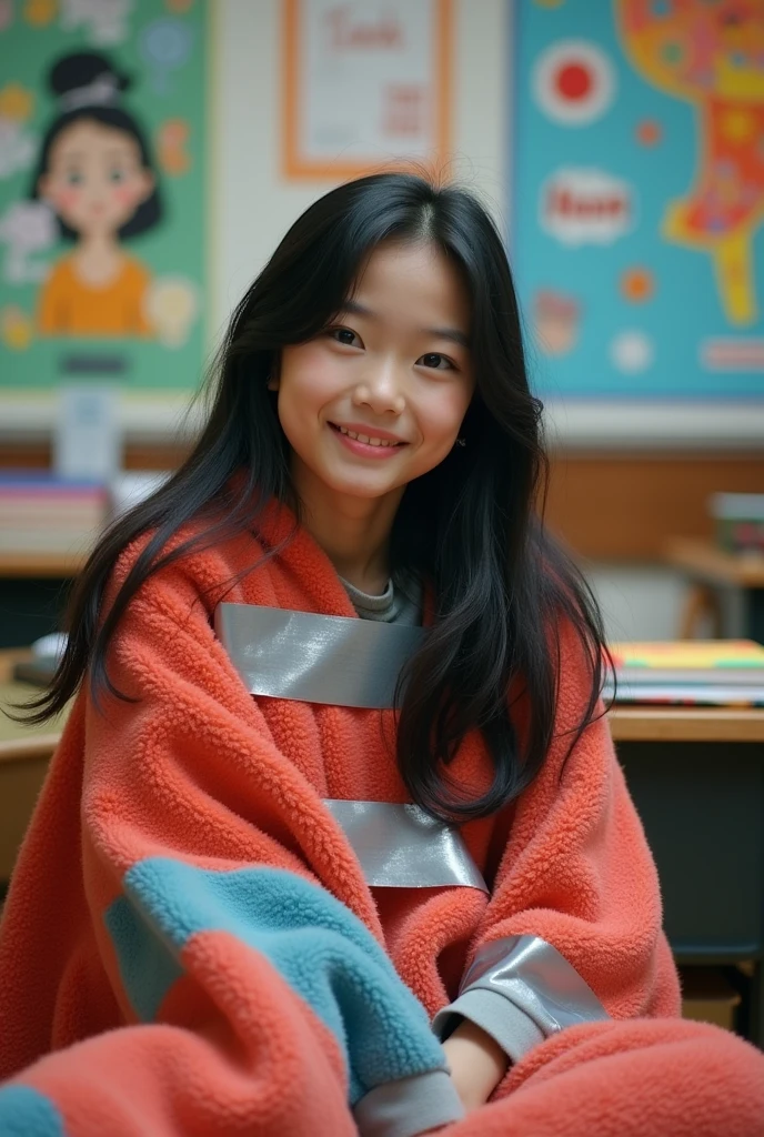 Create a girl named Huynh in high school, wrapped in blanket and duct tape by friends. Wrapped so tightly that it cannot get out, wrap the blanket tightly around the body, only the head is exposed, covered in blankets and tape