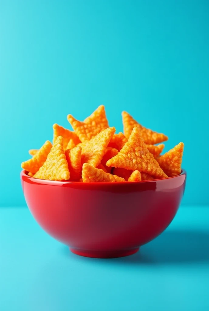 create a large red bowl full of doritos with a uniform cyan blue background with no shading