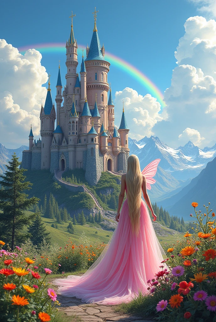 There is a castle in the middle of alaska,big bright beautifully decorated castle, the sky is clear filled with whote clouds and a rainbow, there are little fairy's who are flying,outside the castle there are a garder on flowers between the garden there are a flower road leads to the castle,on the main door a very big beautiful fairy is standing wearing a light pink with long hair,focus on the castle