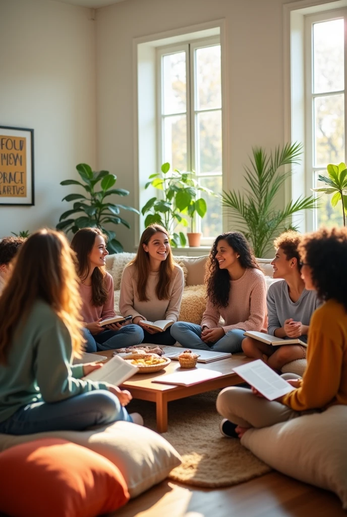 Happy young college students gathered in a white apartment living room reading the bible
