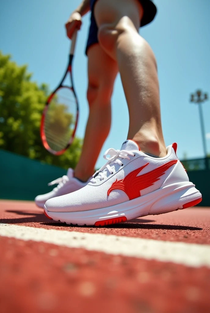 Create a white tennis shoe with the logo being a red phoenix with a person wearing the shoe