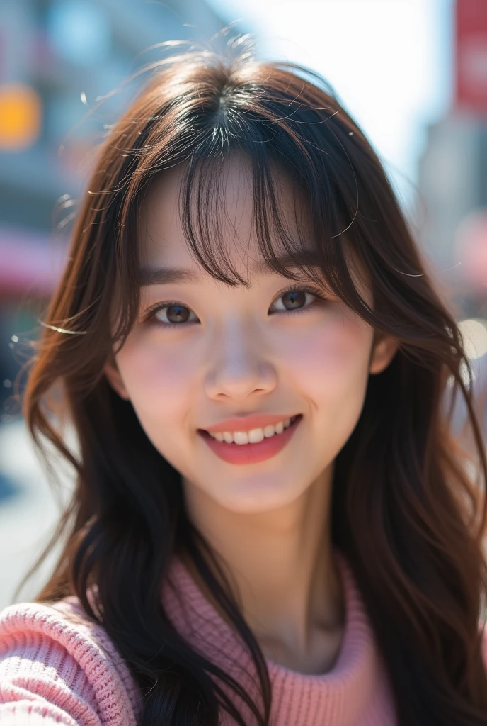 best quality, masterpiece, ultra high res, (photorealistic:1.4),RAW photo, close-up shot, 1 girl, 12yo, smile, bikini and flat chest, shiny hair, big eyes, white and translucent skin, slightly flushed cheeks, thin lips, playing in city park