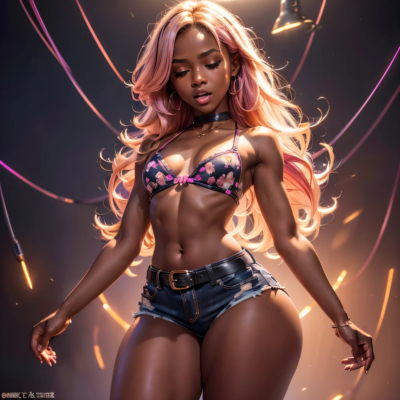 in magical shop, spell, (18 years old), (dark skin), dark skin, wide shot, blond hair, orgasm, (floral bra, pink shorts with belt), (Masterpiece, Professional lighting, 16k, 8k wallpaper, raw photo, photorealistic:1.8, ultra detailed, natural lighting, detailed skin sexy pose, open mouth, big lips, night time, eyes closed, magic energy, neon light, orgasm, screaming, narrow shoulders, wide hips, very thick thighs,