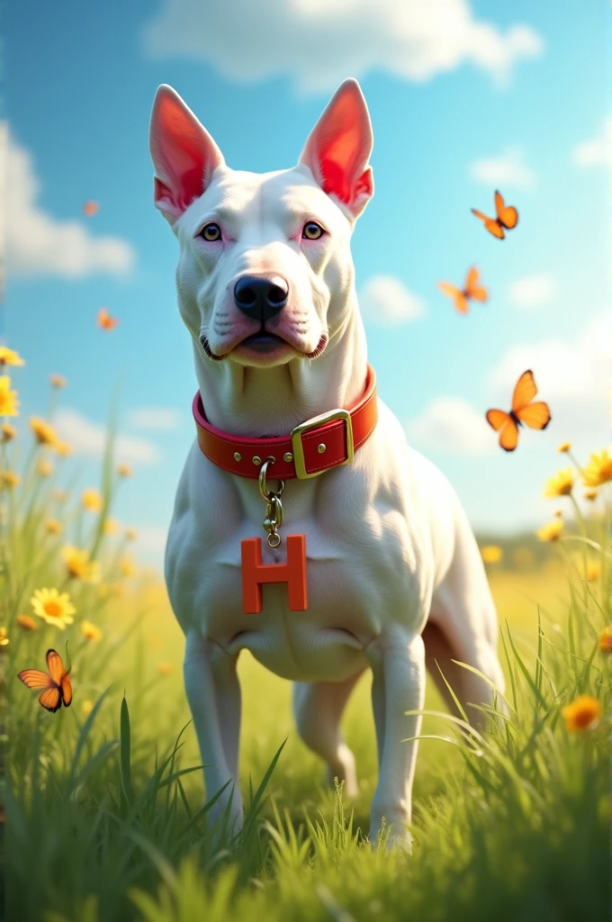 A realistic image of a White Bull Terrier dog wearing a red collar with a letter H on it looking imposing and in doggie heaven