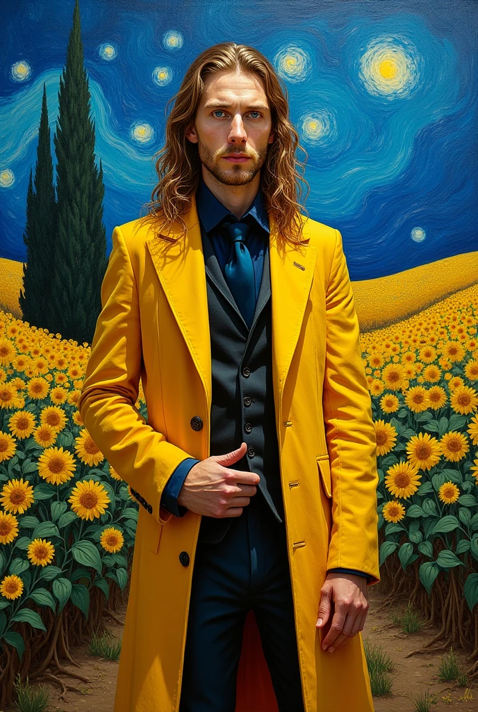 a young man with dostoevsky's features, long hair, wearing a yellow coat,in a van gogh styled landscape,detailed face,detailed eyes and hands,dramatic lighting,vibrant colors,oil painting,cinematic composition,moody atmosphere,depth of field,photorealistic,8k,highres,best quality,masterpiece